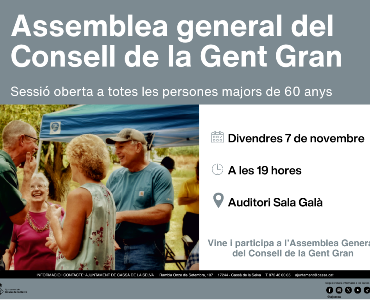 El proper 7 de novembre el Consell de la Gent Gran celebra l’Assemblea general